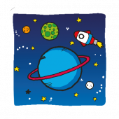 Cartoon Space Setting planets and rocket